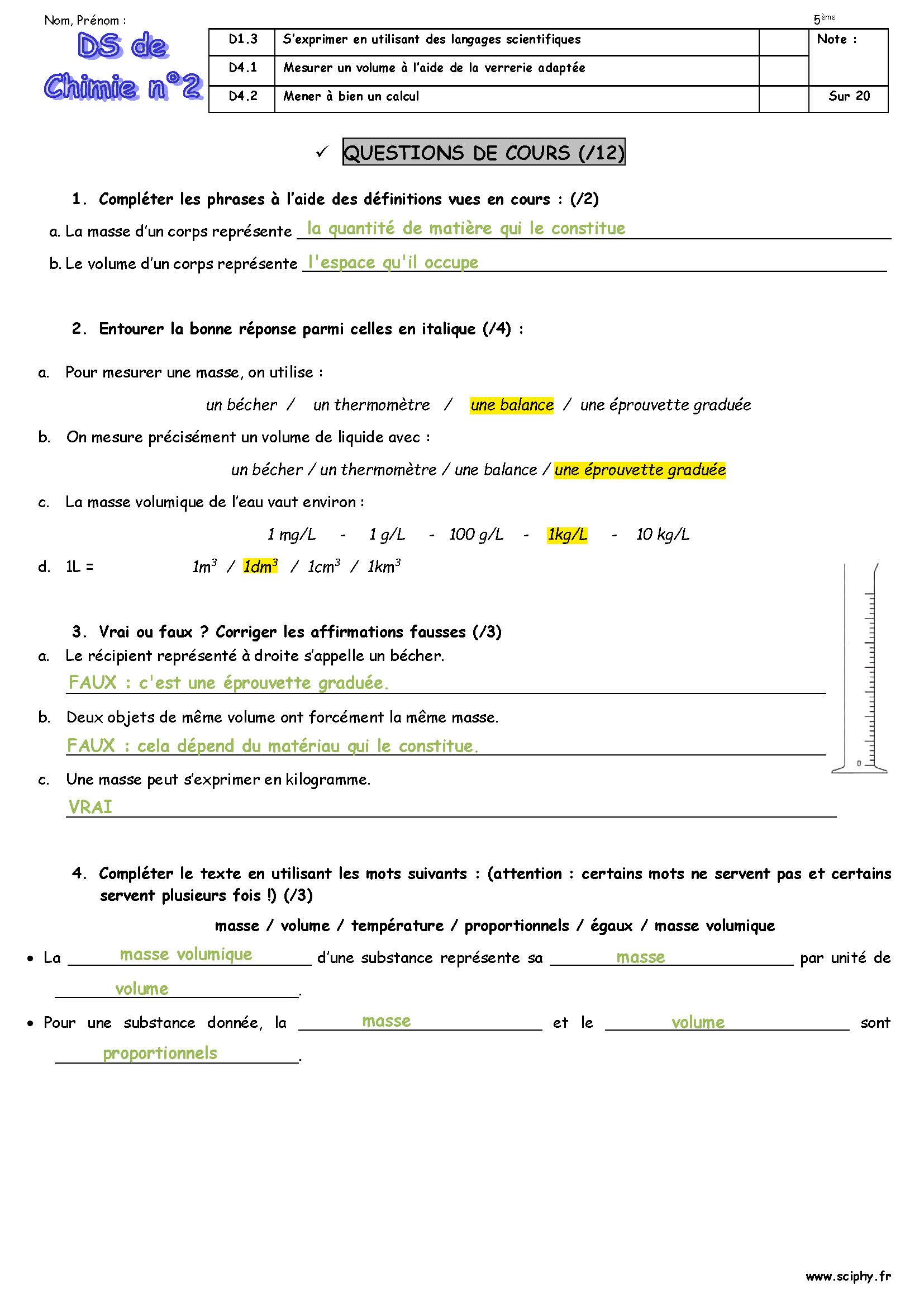 DS 2  5 ème Masse et Volume 2020 Page 1