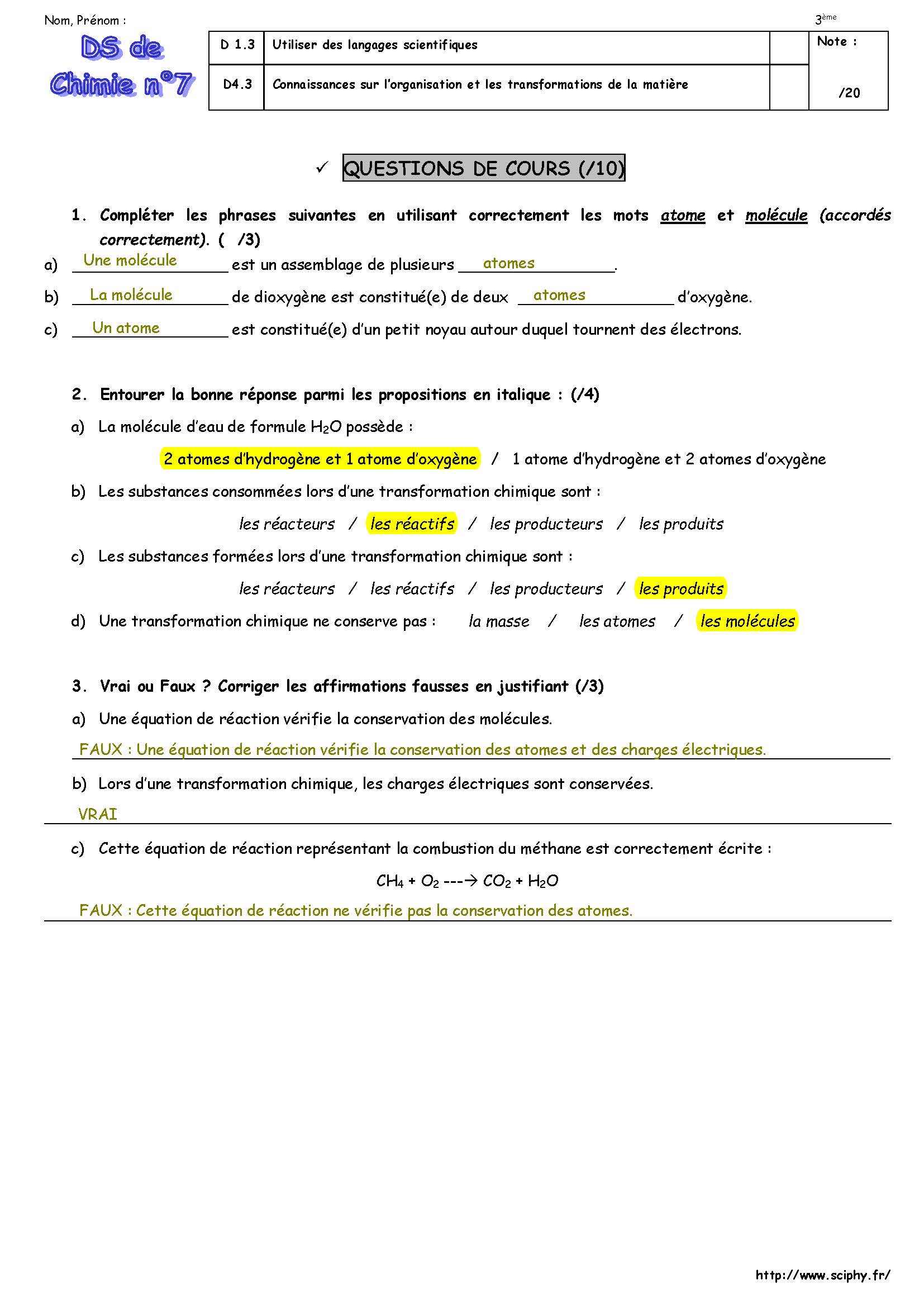 DS7 3ème Réaction chimique 2024 Page 1