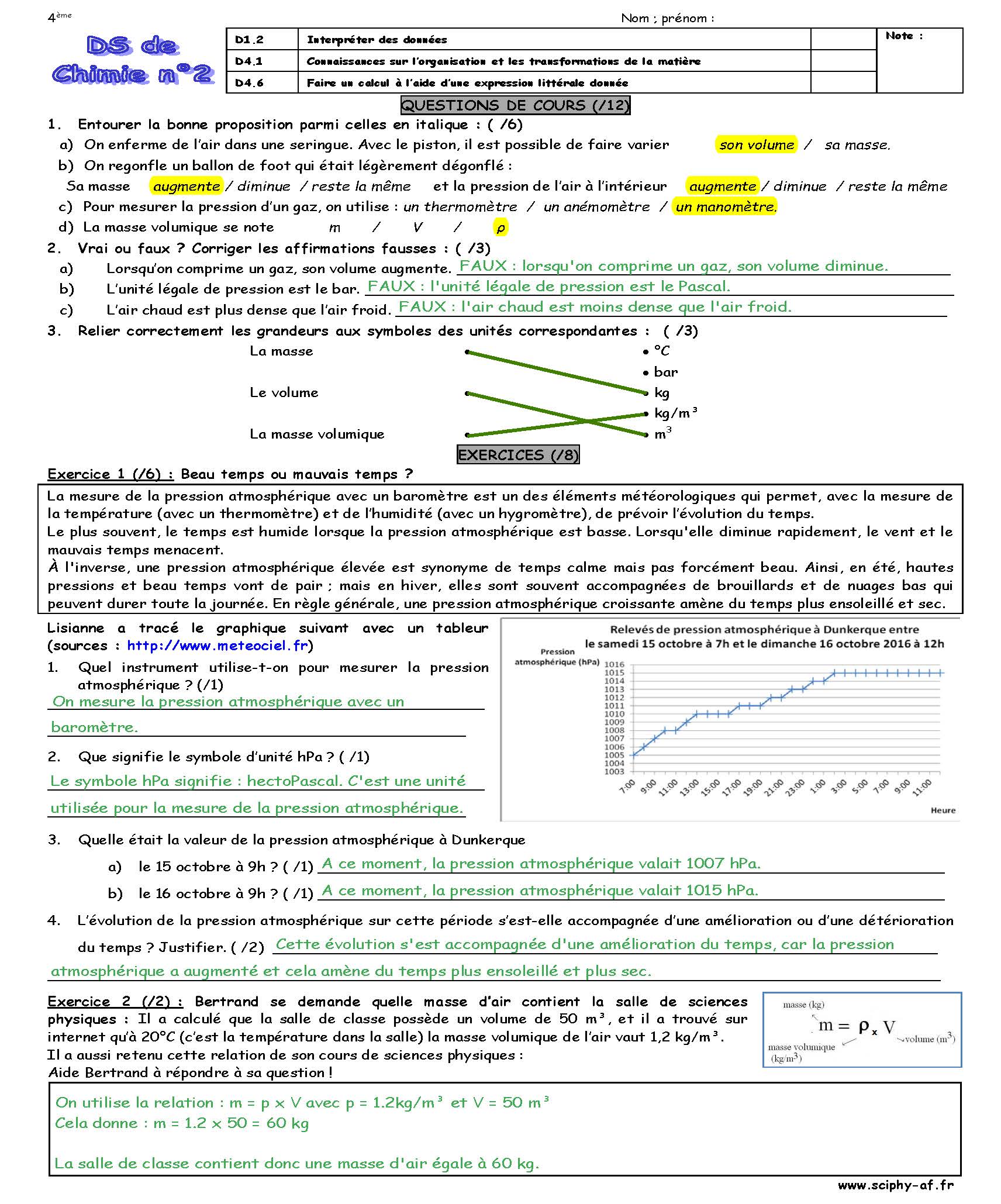 DS 2 4ème Prop Gaz 2016 2017