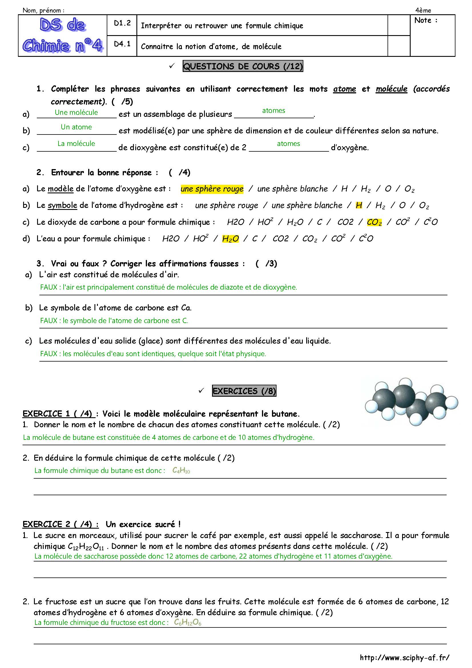 DS 4 4ème atomes et molécules